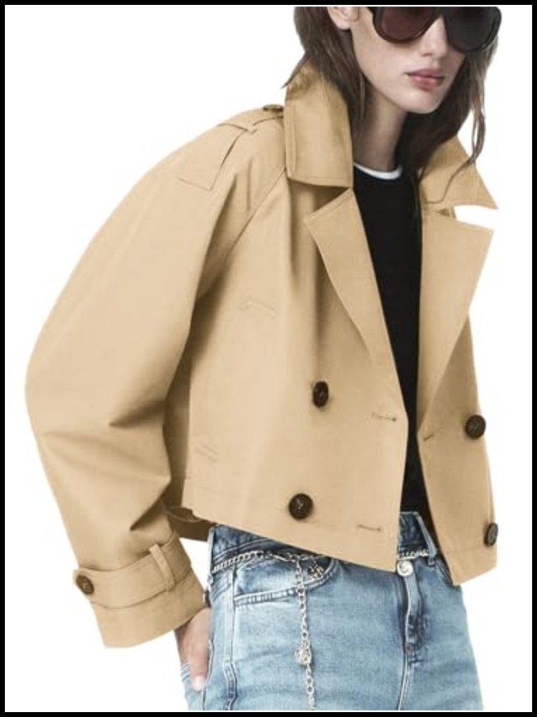 Cropped Trench Coat Double Breasted Windproof Long Sleeve